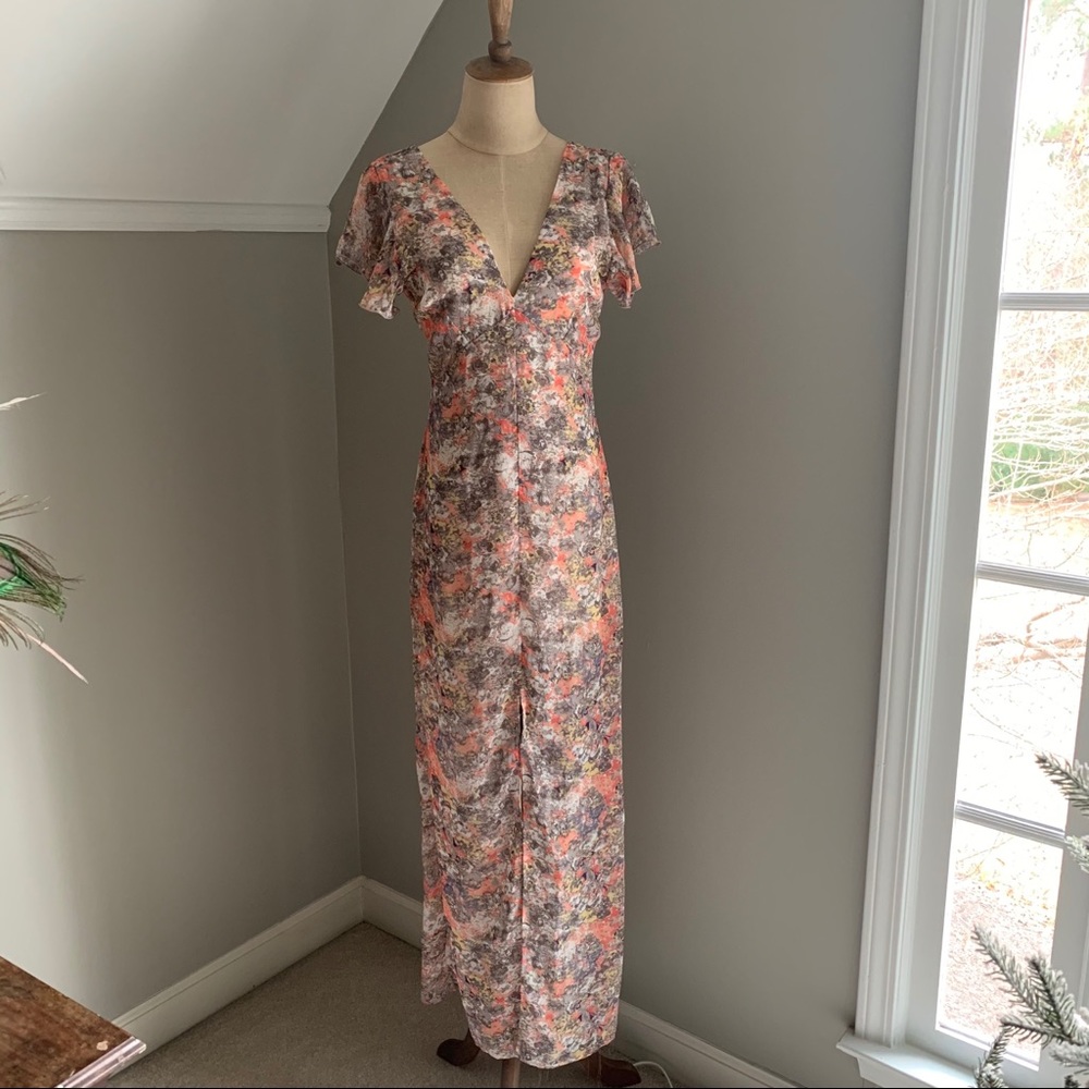Abstract floral flutter sleeve maxi dress
